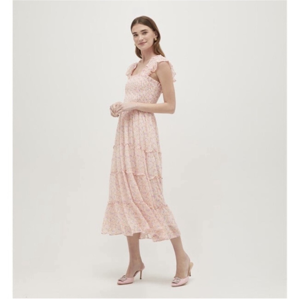 Hill House Ellie Nap Dress Smocked Pansy Multi Floral Midi Pink Purple Size Xs